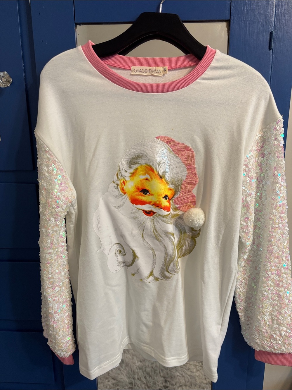 SPARKLY Santa Graphic Long Sleeve Top - Pink Trim - XS BUT OVERSIZED